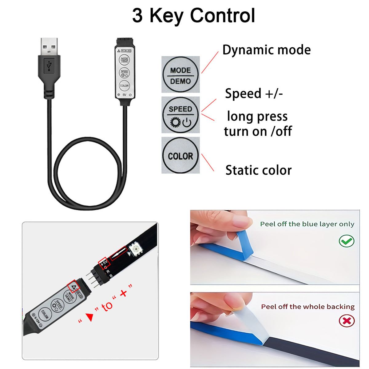 RGB USB LED Strip Light 3keys