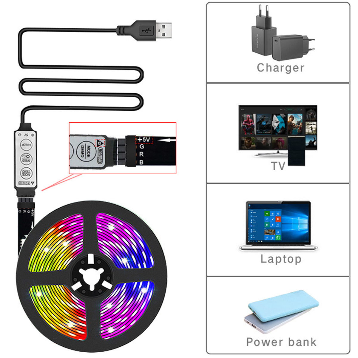 RGB USB LED Strip Light 3keys